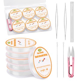 Bupete 6 Rolls 1mm Clear Bracelet String, Elastic String for Bracelet Making, Stretchy Bracelet Bead String with Scissors, Beading Needles for Bracelets, Jewelry Making