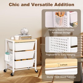 Rolling Cart with Drawers, Rolling Storage Cart with 3 Large Plastic Drawers & Wooden Tabletop, Utility Cart with Pegboards & Basket, Storage Drawers Cart for Living Room, Classroom, Bedroom, Office