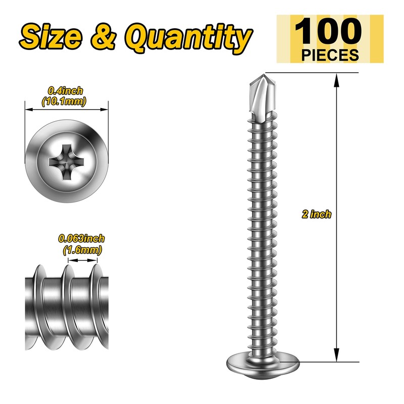 Mywish 100pcs #10×2" Self Tapping Screws for Metal, 410 Sheet
