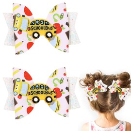 2PCS Glitter Back To School Bow Hair Clips Cute Bus Hairpin Headdress 3.5in Sparkly Cheer Bow Barrettes Alligator Barrettes First Day School Accessories Gift for Girls Student Teacher