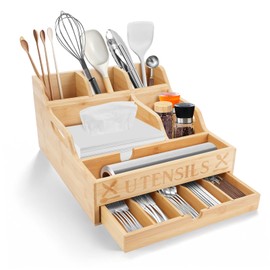 CUGBO Kitchen Utensil Holder with Drawer, Bamboo Utensil Organizer for Kitchen Countertop,Silverware Storage Caddy,Cutlery Flatware Organizer Box for Napkins Forks Knives Plates Party BBQ (Natural)