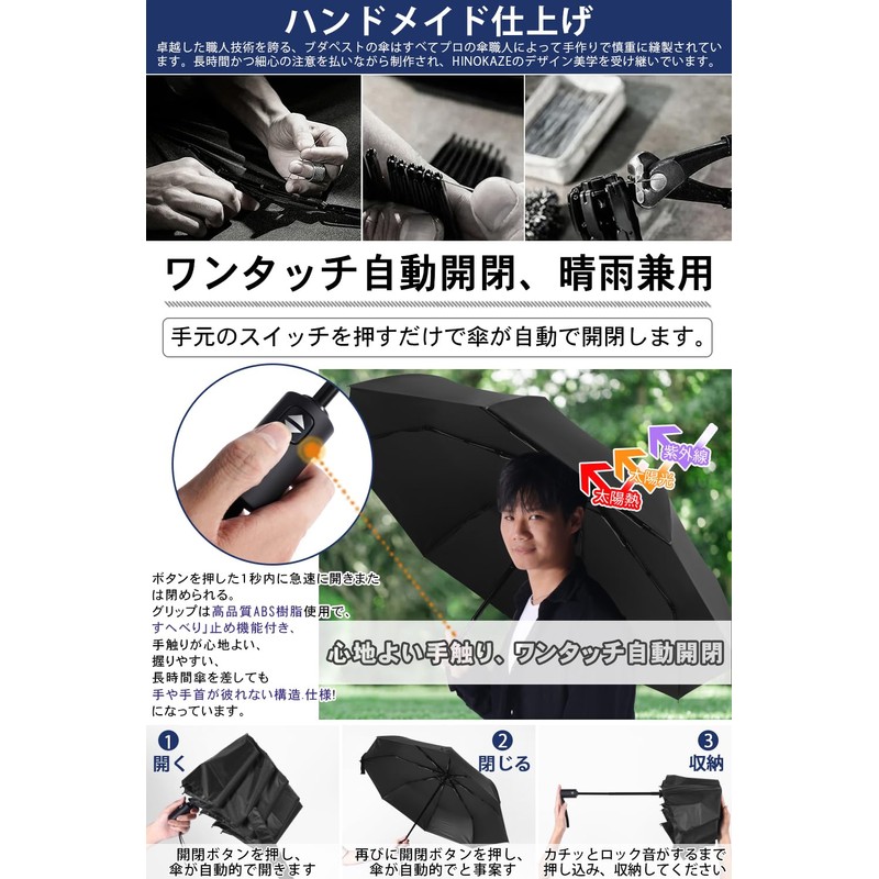 HINOKAZE Folding Umbrella, One-Touch, Automatic Open/Close, Men's, 9.1 oz (260