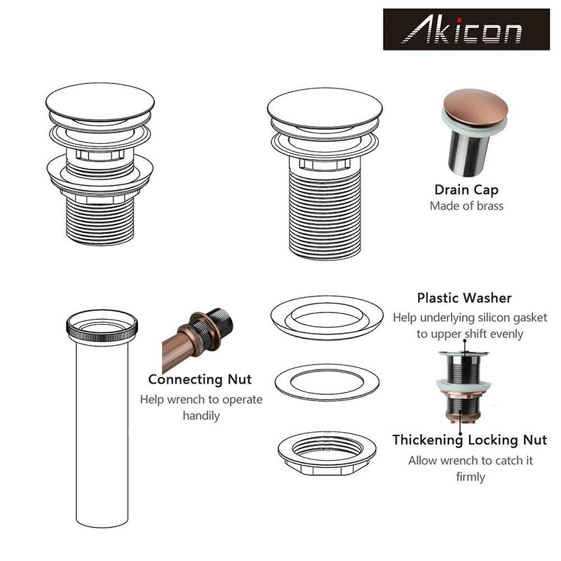 Akicon Copper Push Button Bathroom Sink Drain Stop & Pop