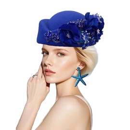 Petaluna Women's Flower Beret Suitable for Church Wearing Elegant Breathable Stewardess Hat Wedding and Party Retro French Headdress (Royal Blue, 22.44in-22.83in Freely Adjustable)