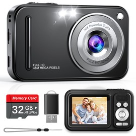 Antsiya Digital Camera, Autofocus 48MP FHD 1080P Camera for Kids with 16X Zoom Anti Shake, Compact Portable Small Point and Shoot Digital Cameras with 32GB Memory Card for Teens Kids Boys Girls, Black