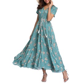 VOGMATE Women's Long Split Button Up Summer Maxi Dress, Floral Beachwear, Holiday Dress, High Waist with Short Sleeves (S-2XL), turquoise