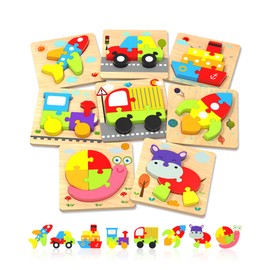 Yetonamr Wooden Toddler Puzzles Gifts Toys for Boys Girls, 8 Vehicle Shape Montessori Toy Educational Blocks Kids Toys Gift Baby Learning Toy