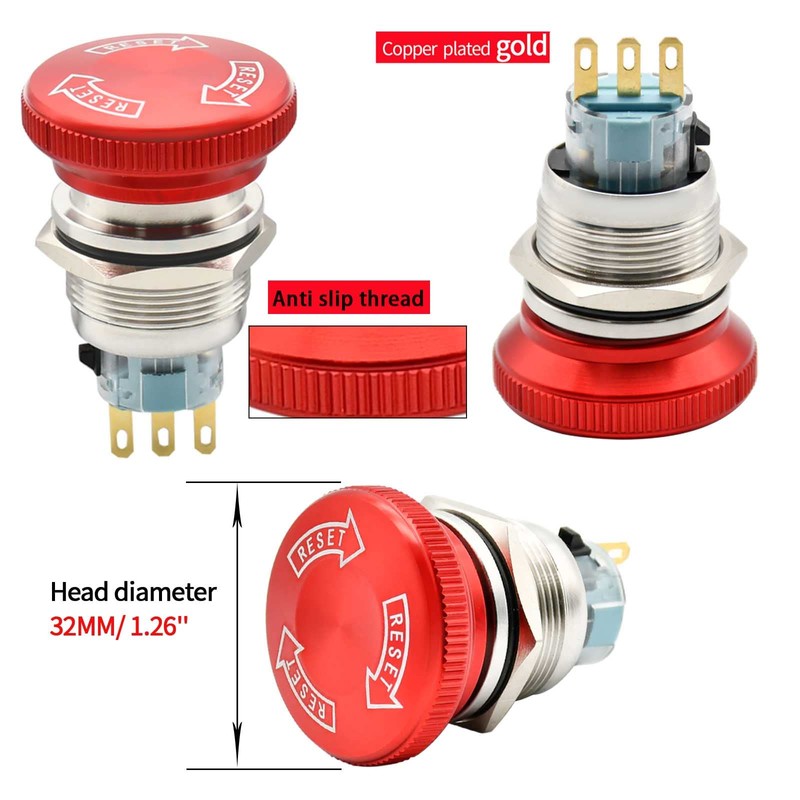 22mm Latching Emergency Stop Push Button Switch SPDT Mushroom Stianless