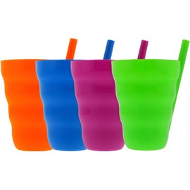 (Set of 4) Plastic Straw Cups with Built-In Straws – 22oz Stackable Plastic Tumblers – BPA-Free, Reusable Sip-A-Cup Drinkware – Dishwasher Safe – Water, Juice, Milk