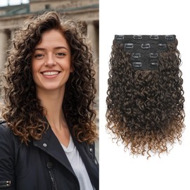FLUFYMOOZ 4PC Clip in Hair Extensions, 14 Inch 100％ Pure Protein Silk Short Hairpiece Deep Curly Wavy Hair Extensions Clip in Natural Soft Hairpiece for Women-Dark Almond brown with copper