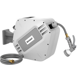 Blütezeit Retractable Garden Hose Reel, 1/2'' x 65ft+6ft Hose Reel Wall Mount with 9 Function Nozzle | Any Length Lock | 180° Swivel Bracket | Automatic Slow Rewind Self-Winding (Grey)