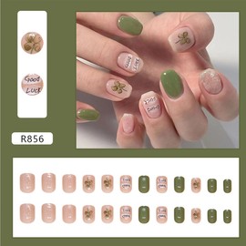 NEWSPIED Square Press on Nails Short Fake Nails with Lucky Clover Designs Glossy Glue on Nails Cute Artificial Acrylic Nails Nude Green Full Cover Stick on Nails for Women Spring Summer Manicure 24Pcs