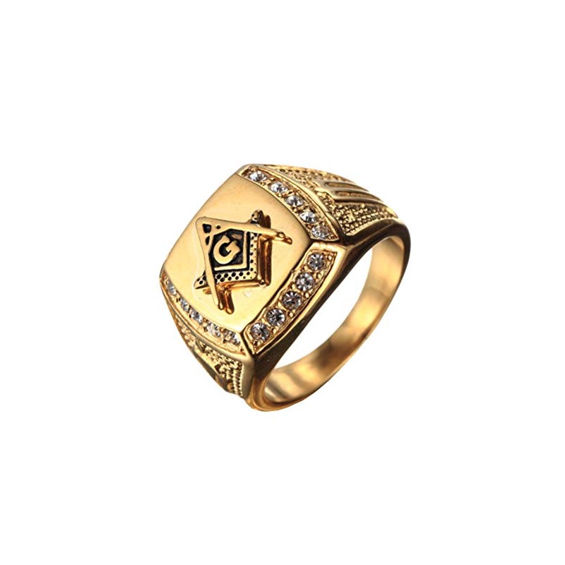 OAKKY Mens Stainless Steel Masonic Freemason Ring with Diamonds Biker