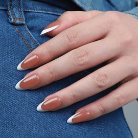 Alomnd Medium Shape Press On Nails , Glue on Nails, Stick on Nails, False Nails Solid Dark Color Fake Nails on 32PCS 16Sizes (Brown French, almond)