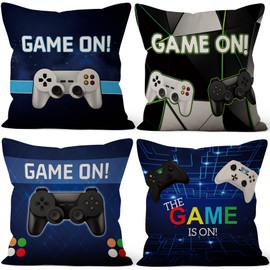 Aoihrraan 51x51cm set of 4 Cushion Covers Gamer Slogans Gamepad Blue Square Linen Decorative Throw Pillow Covers Boy Gaming Room Sofa Pillowcases Game Player Bedroom 20 x 20 Inch