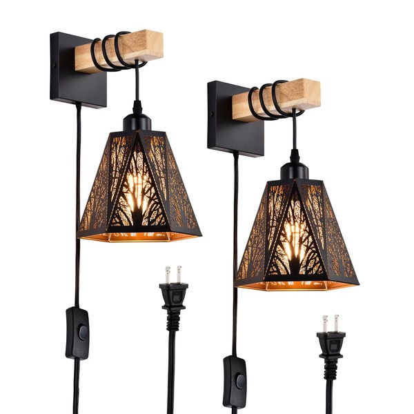 Sunnyin Plug in Wall Sconces Set of 2,Forest Tree Black