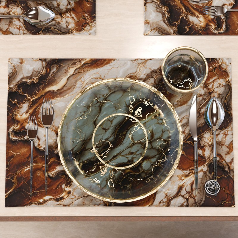 MARBLELIZED - Washable American Placemats, Brown Marble Effect Fabric Placemats,