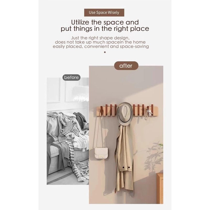 Beech-6 Hooks Wall Mounted Coat RackHooks Piano Key Hangers Natural