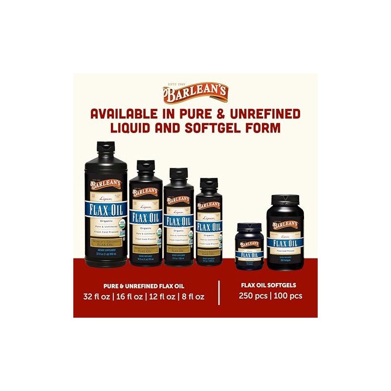 Barleans Organic Oils Lignan Flax Oil, 250 Count, 1000 mg