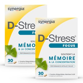 D-STRESS FOCUS 2er-Pack | L-Tyrosin, Ginkgo biloba und Vitamin C | Stimuliert das Gedächtnis und die Konzentration | Vegan, Glutenfrei, Sojafrei, GVO-frei | Laboratoire SYNERGIA