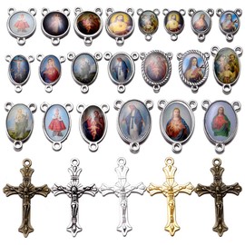 Weyuley 80pcs/40sets Rosary Cross and Center Miraculous Medal Charms Silver Picture Jesus Enamel Maria Our Lady Alloy Crucifix Pendants for DIY Necklace Bracelet Jewelry Making (A544)