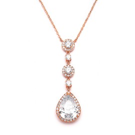 Mariell Rose Gold Bridal and Wedding Necklace, Cubic Zirconia Crystal Drop Pendant Necklace for Brides, Bridesmaids, Prom, Homecoming, Mother of The Bride