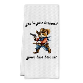 SereneHanctuary Funny Cowboy Cat Kitchen Towel,Sarcastic Dark Humor Gag Cat Lover Gifts for Women Housewife,Cowboy Decor for Home Kitchen Bathroom,