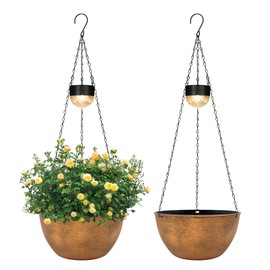 2 Packs Hanging Planters Basket for Outdoor Plants, Solar Powered Self Watering Bronze Round Plastic Flower Pots with Drainer for Balcony Patio Garden Outdoor Decoration