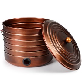 FillTouch Garden Hose Pot with Lid and Handle, Matte Brass Ribbed Steel Garden Hose Holder Water Hose Storage Container for Outside Backyard Patio, Holds 100ft Hose