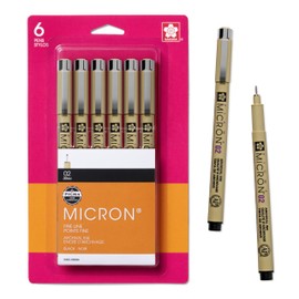 SAKURA Pigma Micron Fineliner Pens, 02 Tip Size, Archival Black Ink, 6PK 50036