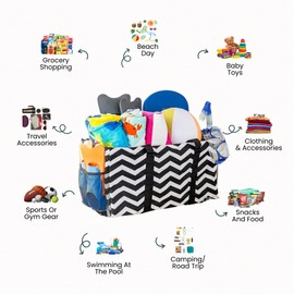 Lucazzi Extra Large Utility Tote Bag - Oversized Collapsible Reusable Wire Frame Rectangular Canvas Basket With Two Exterior Pockets For Beach, Pool, Laundry, Car Trunk, Storage - Chevron Black