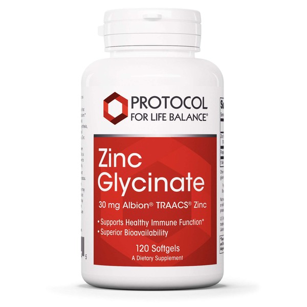 Protocol For Life Balance - Zinc Glycinate 30 mg Albion TRAACS Zinc - Supports Healthy Immune Function, Prostate and Reproductive Health, and Metabolism - 120 Softgels