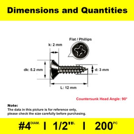 #4 x 1/2" Wood Screw Cabinet Door Screws Cross recessed Small, Black Flat Head Small Wood Screws for Wood Furniture M3x12mm (200pcs)