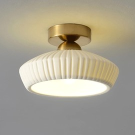LTBFDDC White Semi Flush Mount Ceiling Light, Mid Century Modern Close to Ceiling Light Fixtures, 8.6" Milk Glass Ceramic Pendant Lamp Shade, Farmhouse Lighting for Porch Hallway Kitchen Bedroom