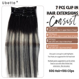 Clip in Hair Extensions Real Human Hair, 22 Inch Ombre Black Balayage Silver Highllights Hair Extension Real Human Hair Clip ins 7 pcs Double Weft Hair Extensions Remy Human Hair Clip in Extensions