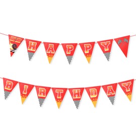 2pcs Race Car Happy Birthday Banner, Pre-Strung Racing Themed Party Garland Decorations, Checkered Triangle Flag Pennant Sign for Boys Kids Birthday Party Supplies