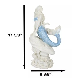 Ebros Ocean Aqua Blue Tailed Mermaid Sitting On Sea Rock Figurine 11.5"H