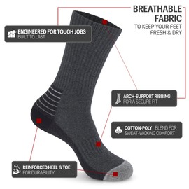 HOT FEET Work Socks for Men, Long All Weather Boot Crew Cotton Socks, Cushioned, Moisture Wicking, 10 Pack, Size 6–12.5, 10 Pack, Size 6-12.5, Dark Grey