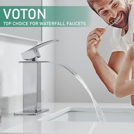 VOTON Chrome Bathroom Faucets Modern Single Handle Waterfall Sink Faucet for 1 or 3 Holes with Deck Plate, Rv Sink Camper Farmhouse Bathroom Utility Remodel Faucet