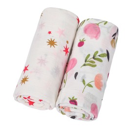 KAKU NANU Baby Swaddling Cloth Baby Blanket Muslin Burp Cloths Set of 2 100% Cotton 110 x 120 cm Thin Breathable Muslin Nappies Baby Wrap for Newborn Boys and Girls Flower Pink