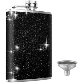 Hip Flask, KIKISML 8Oz Bling Flasks for Liquor Stainless Steel Spirit with Never-Lose Cap and Funnel Leakproof Thin Portable Metal for Camping Outdoor Activitie Wedding Party Gift, Bling Black