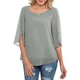 Neineiwu Women's Chiffon Tunic Casual Round Collar 3/4 Sleeve Blouse Mesh Flowing Shirts Loose Fit Tops, gray