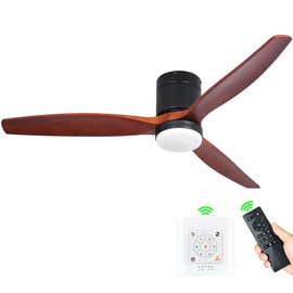 YITAHOME 52 Inch Low Profile Ceiling Fan with Light and Remote, Wall Switch, Flush Mount Fan with DC Motor, 3 Colors Light Changing, 6 Speed, Reversible Airflow for Outdoor/Indoor, Black & Walnut