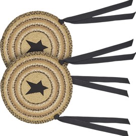 VHC Brands Kettle Grove Woven Jute Chair Pad with Ties, Set of 2, 15" Round, Applique Star