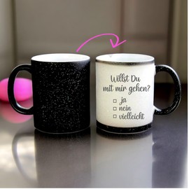 Zaubertasse "Willst Du mit mir gehen" - Farbwechseltasse mit Glitzerpartikeln - Magic-Thermo-Effekt