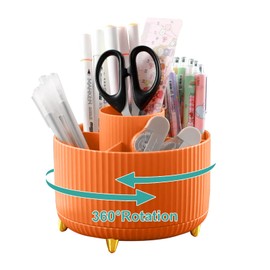 Lenfuos Lenfuos Schreibtisch Organizer, 360 Grad drehbarer Büro-Organizer Stifthalter, 5 Sortierfächer für Stifte, Hefter, Ordnerklammern, Haftnotizen, Platzsparendes Desk Organizer (Orange)