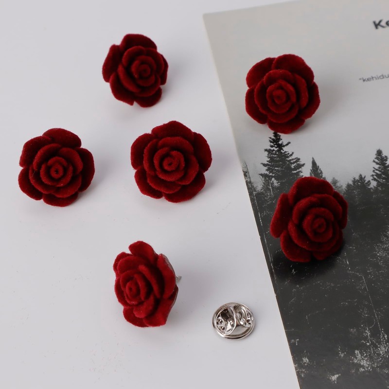 6 Pcs Red Rose Brooches Resin Floral Lapel Pins for