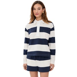 LE BOP Women's Hayley Polo Shirt, Navy/Ivory, Blue, Stripe, S