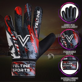 Veltine Sports Soccer Goalie Gloves, Football Goalkeeper Gloves for Kids Boys Children Youth with 4mm Latex Heavy Grip Palm (Black, Size 5 Suitable for 9-12 Years, Ambidextrous)