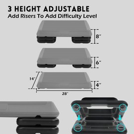 Fitvids Step Aerobic Platform, Exercise Step with 5 levels Adjustable Height, 4 Stackable Risers, Fitness Training Workout Stepper for Home Gym, Cardio Strength, Multiple Options